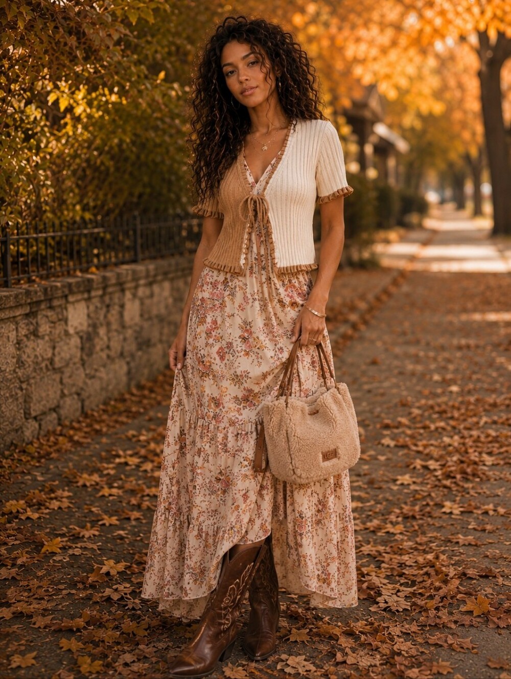 Tie-Front Cardigan | Tan Ruffle Trim | Boho Fall Sweater | L | Like New